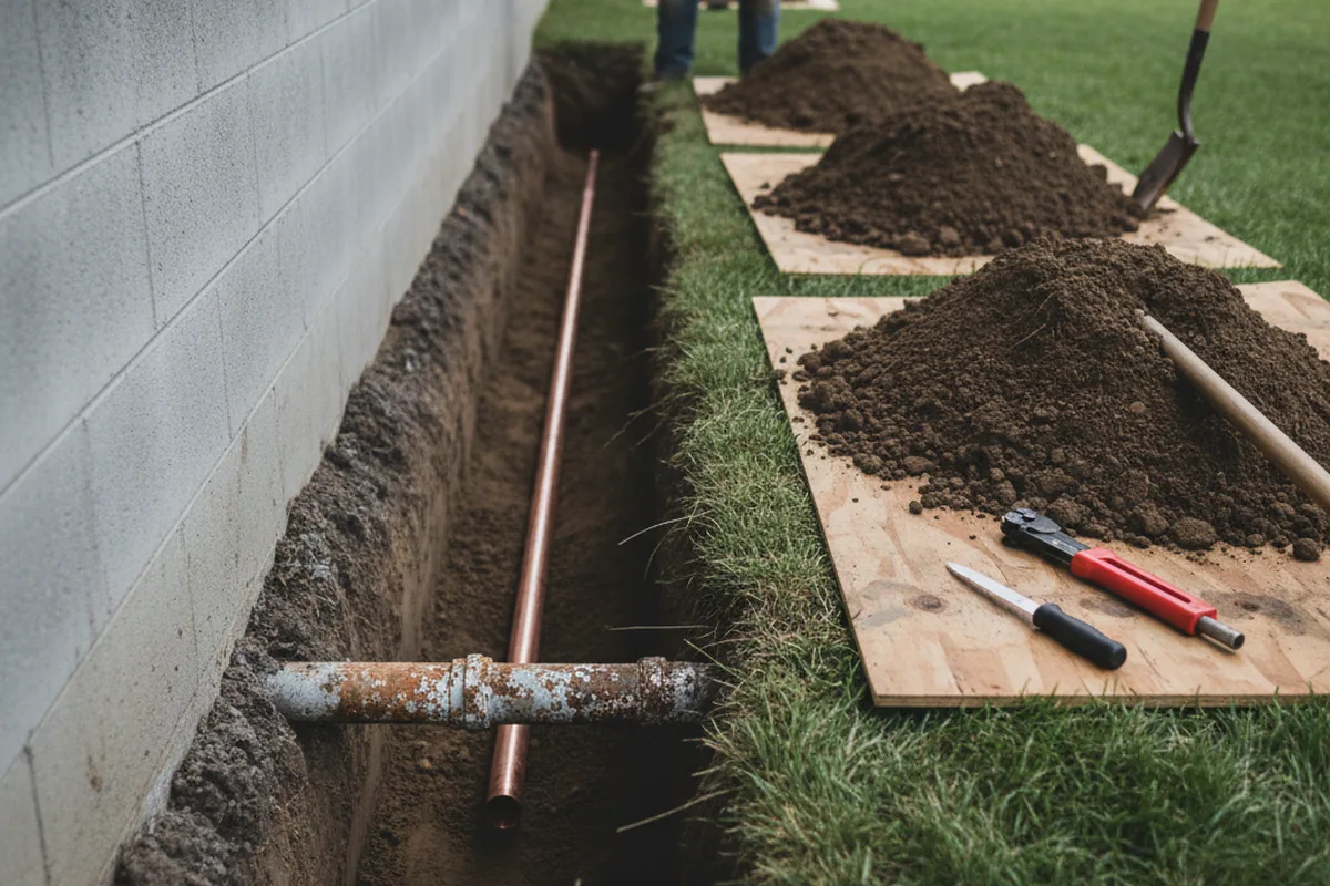 Excavated water line trench during Water Softener Installation in Webbville